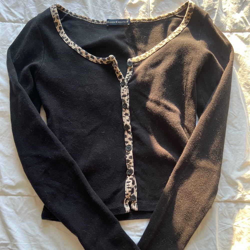 Brandy Melville Button Up Cheetah Print Trim Sweater